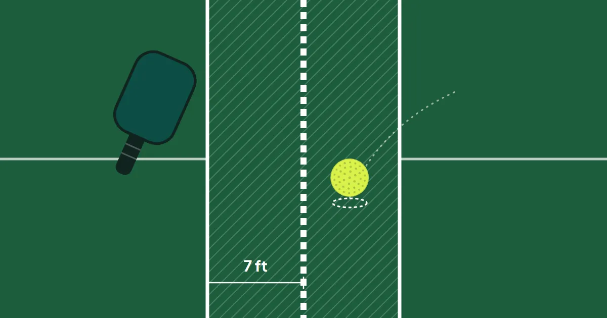 A close-up of the net with both kitchens hatched and a ball bouncing inside one