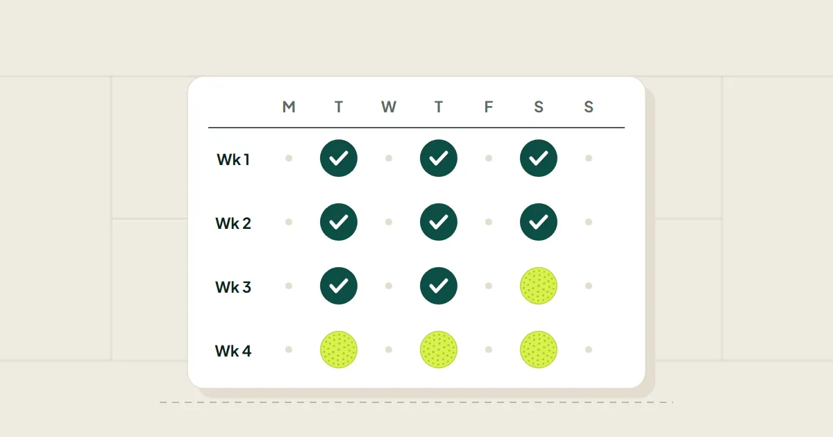 A printable four-week calendar with drill days marked by balls and ticks
