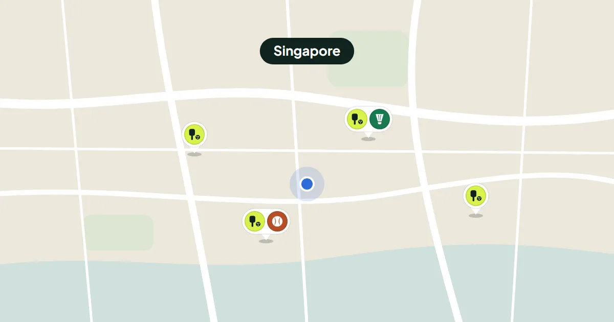 A stylised Singapore map with court pins and a you-are-here dot