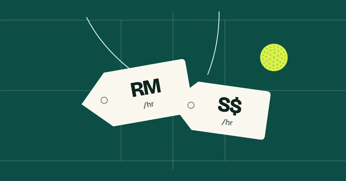 Two price tags, one in ringgit and one in Singapore dollars, with a ball