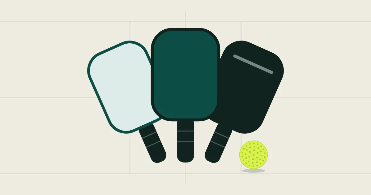 Three beginner paddles fanned out with a ball
