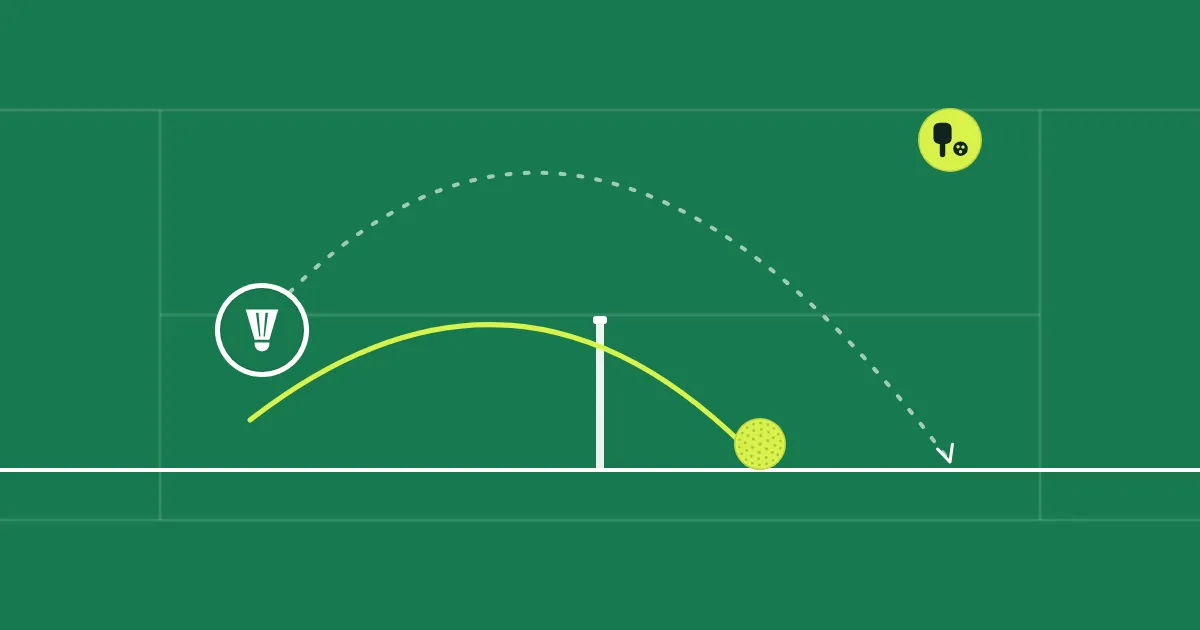 On a badminton court, a high shuttle arc and a low pickleball arc cross the net