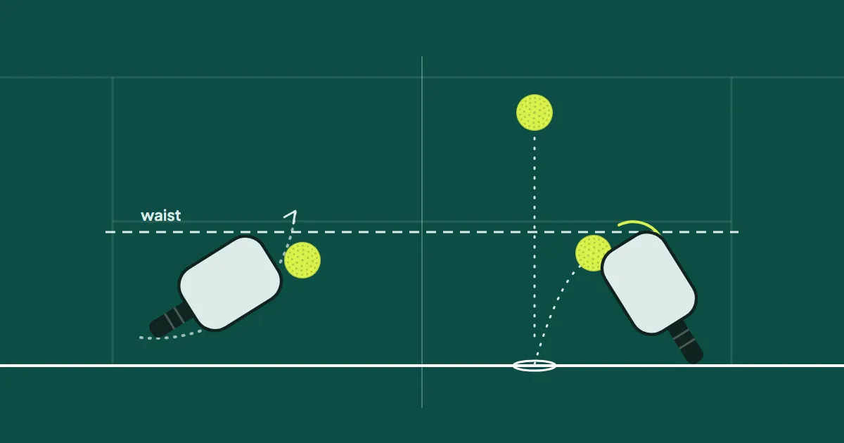 A volley serve swinging up from below the waist line, and a drop serve bouncing before contact