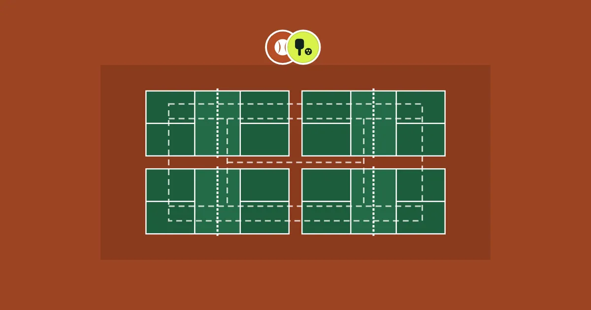 A tennis court with four pickleball courts marked inside its footprint
