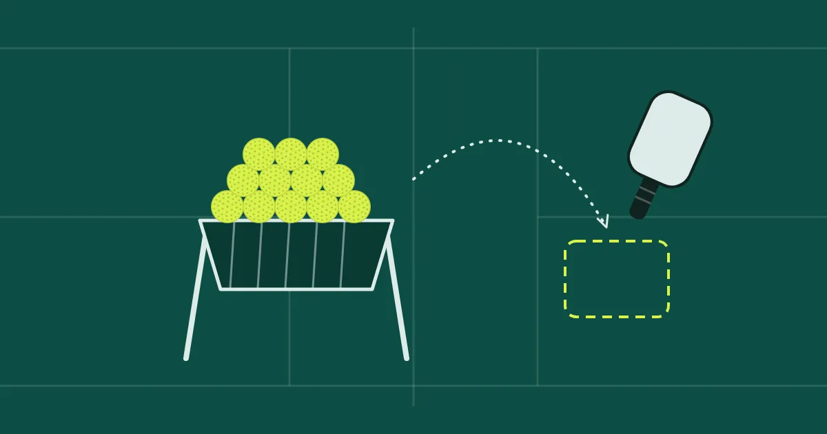 A ball hopper full of balls beside a court, with a coach's feeding path to a target zone