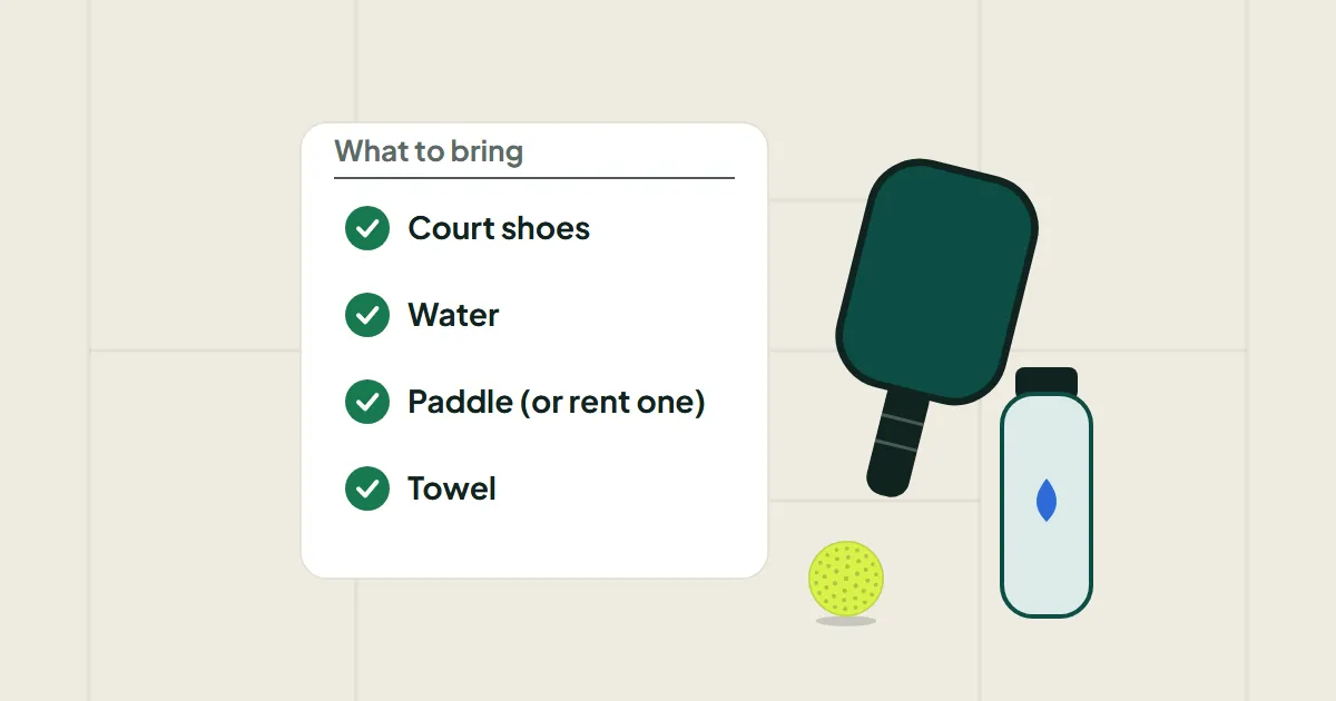 A what-to-bring checklist card, ticked, beside a paddle, a water bottle and a ball