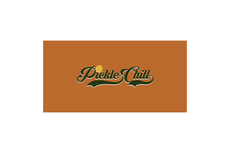 PickleChill logo in dark green script with a yellow pickleball on an orange background